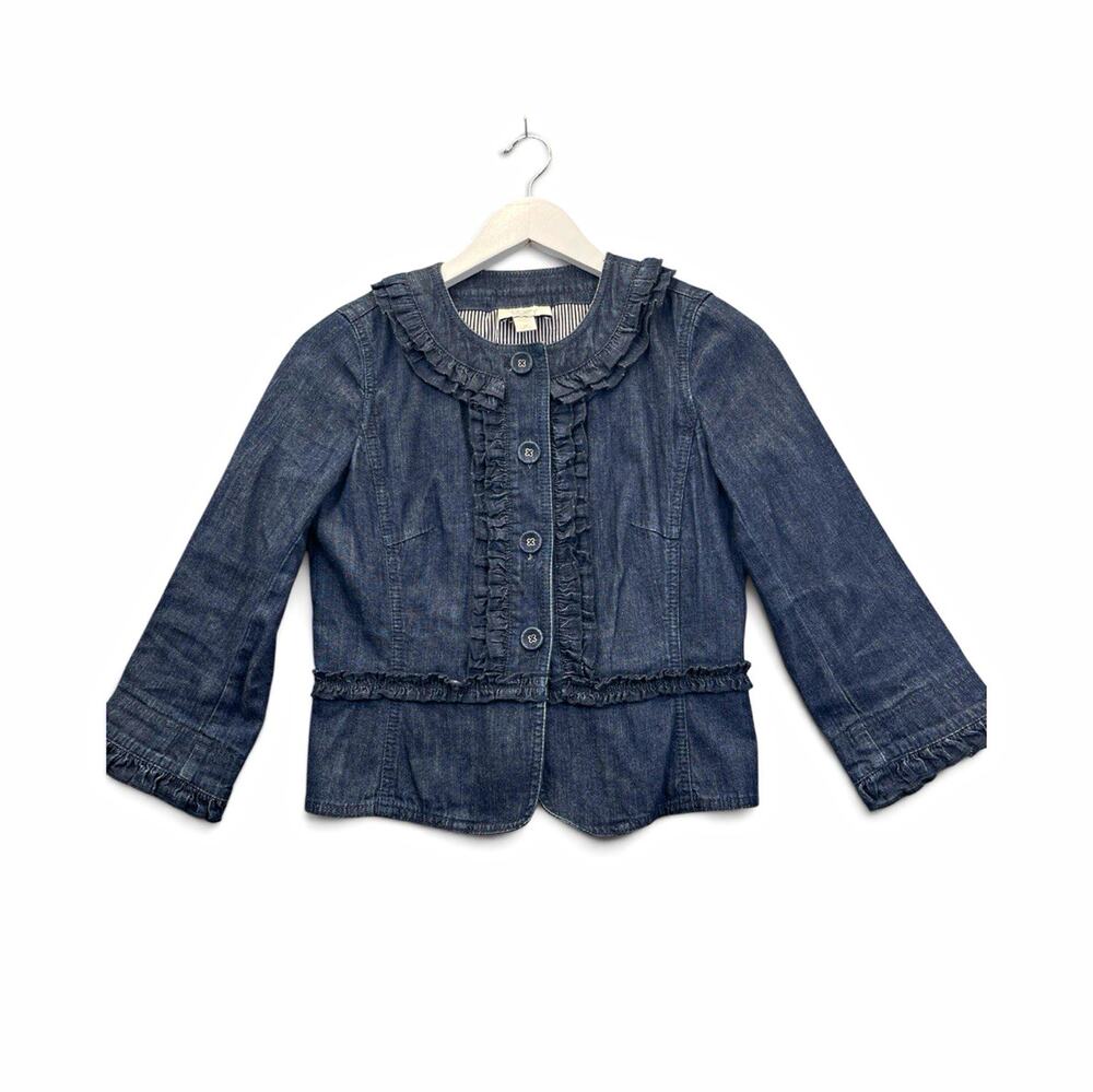 Ann Taylor Loft Petites Blue Ruffle Button Front Jacket Long Sleeve Size 0P